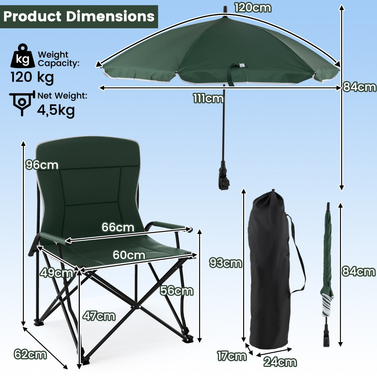 LIVSK Campingstoel met Parasol - Draaibaar - Belastbaar tot 150 kg - Opvouwbaar en Draagbaar - Comfortabel Design - Groen