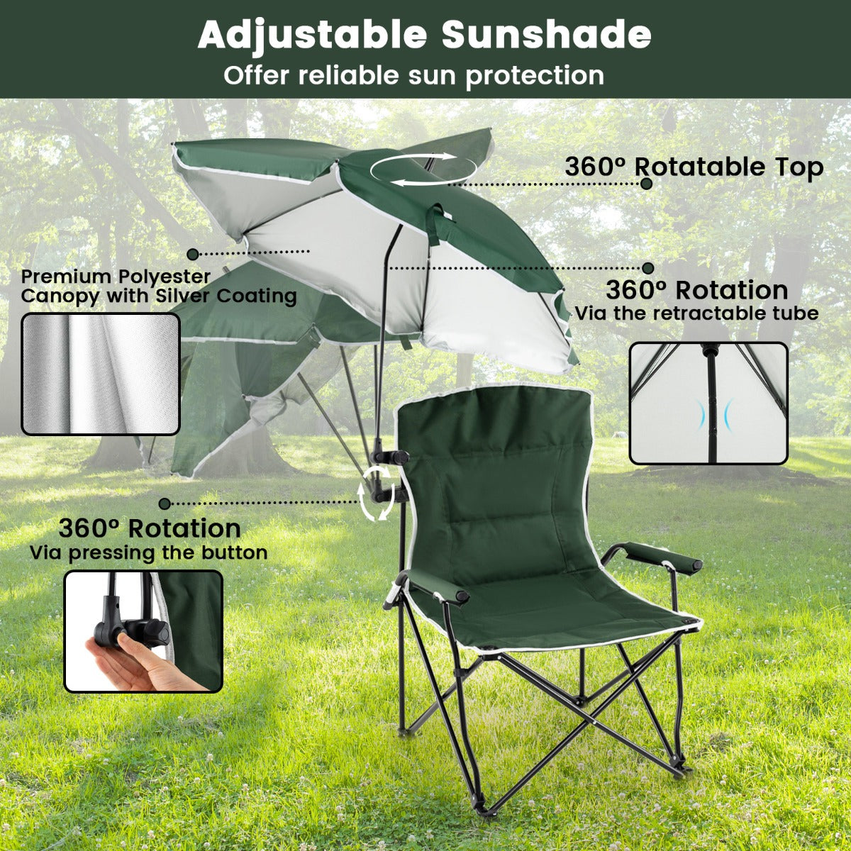LIVSK Campingstoel met Parasol - Draaibaar - Belastbaar tot 150 kg - Opvouwbaar en Draagbaar - Comfortabel Design - Groen