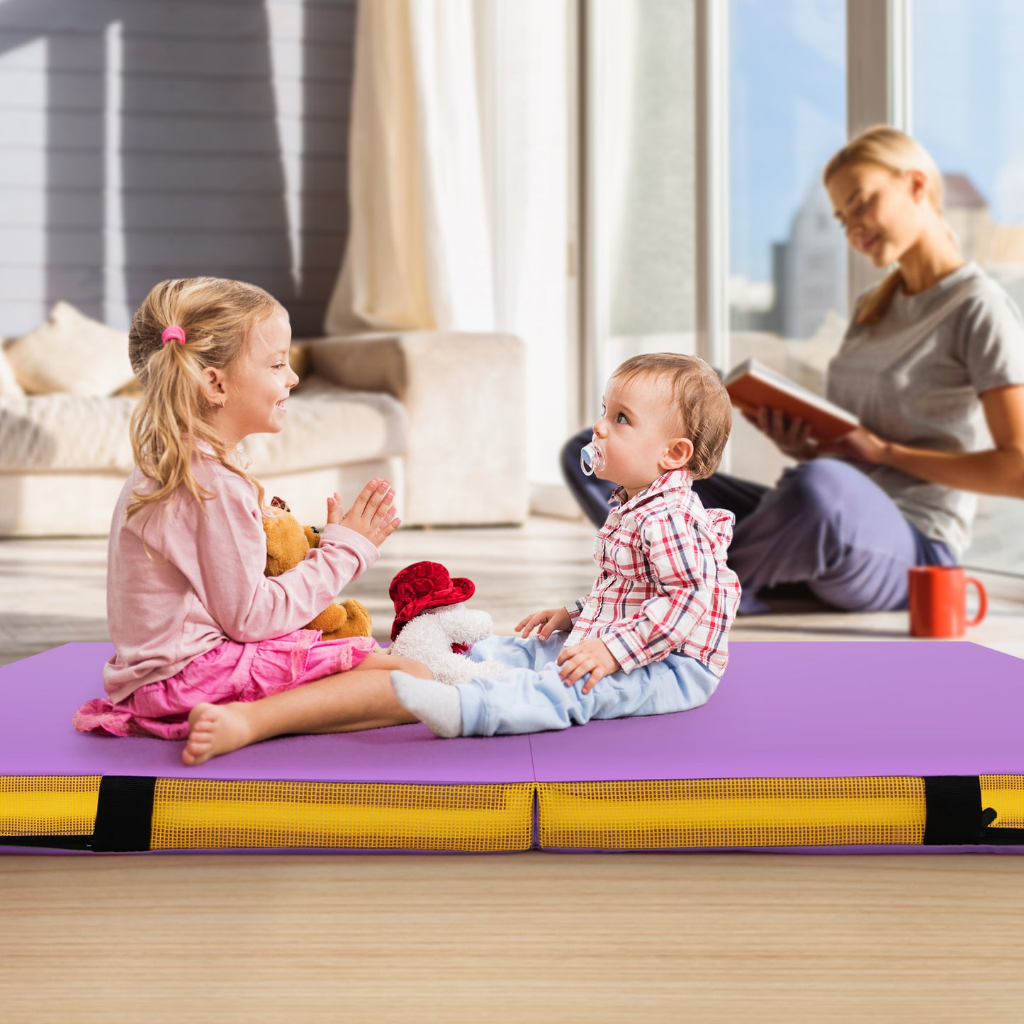 LIVSK Dubbelvouwbare Trainingsmat - 10 cm Dikke EPE-schuim - Kunstlederen Hoes - Ideaal voor Yoga en Stretchen - 122 x 122 x 10