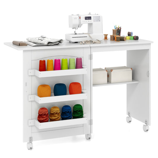 LIVSK Opvouwbare Naaitafel - Met Vergrendelbare Wielen - 3 Verborgen Bakken - Ruimtebesparend - 117 x 40 x 78 cm - Wit
