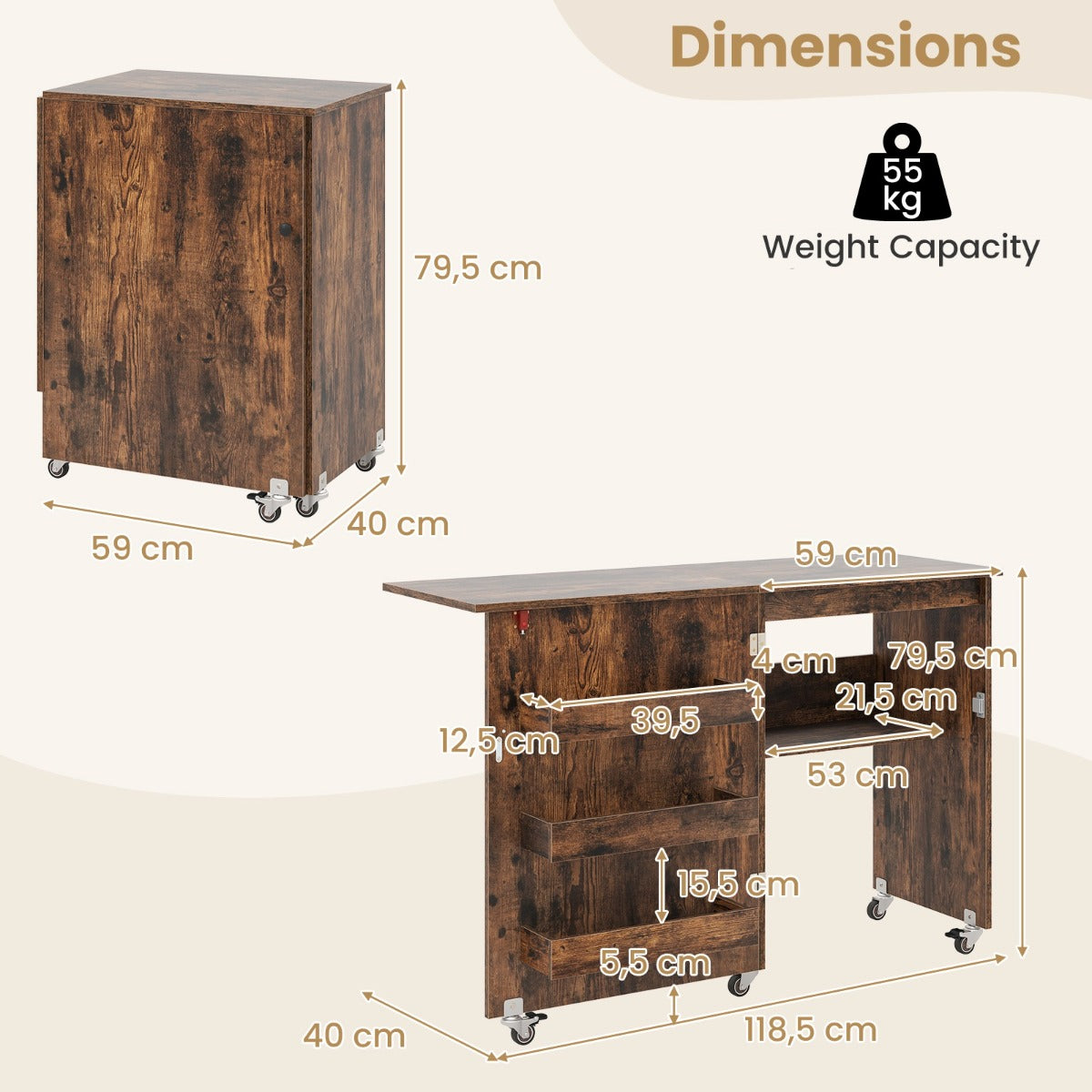 LIVSK Opvouwbare Naaitafel - Ruim Werkblad - 3 Verborgen Containers - Vergrendelbare Wielen - 118,5 x 40 x 79,5 cm - Bruin