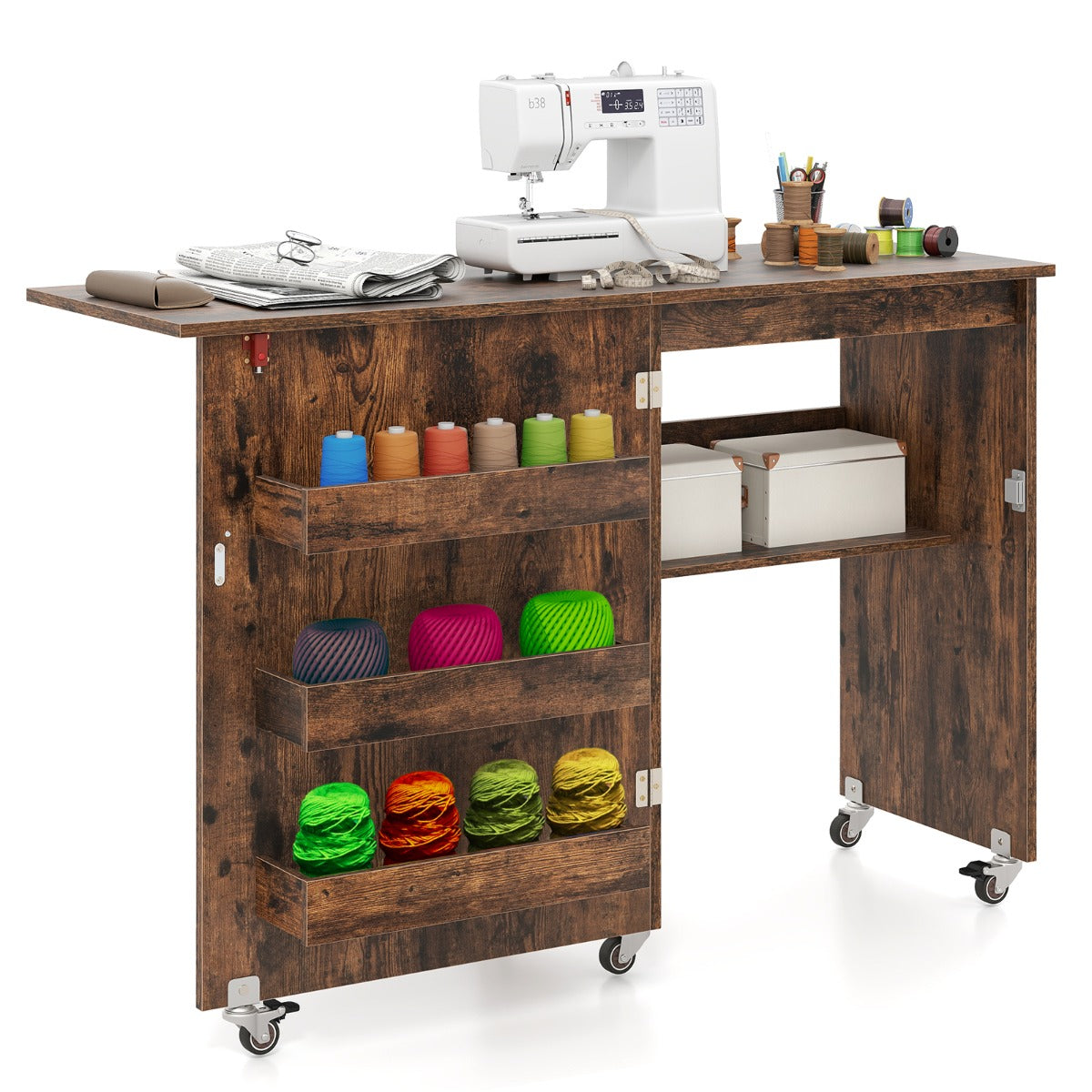 LIVSK Opvouwbare Naaitafel - Ruim Werkblad - 3 Verborgen Containers - Vergrendelbare Wielen - 118,5 x 40 x 79,5 cm - Bruin