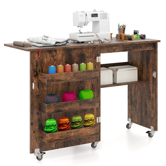 LIVSK Opvouwbare Naaitafel - Ruim Werkblad - 3 Verborgen Containers - Vergrendelbare Wielen - 118,5 x 40 x 79,5 cm - Bruin