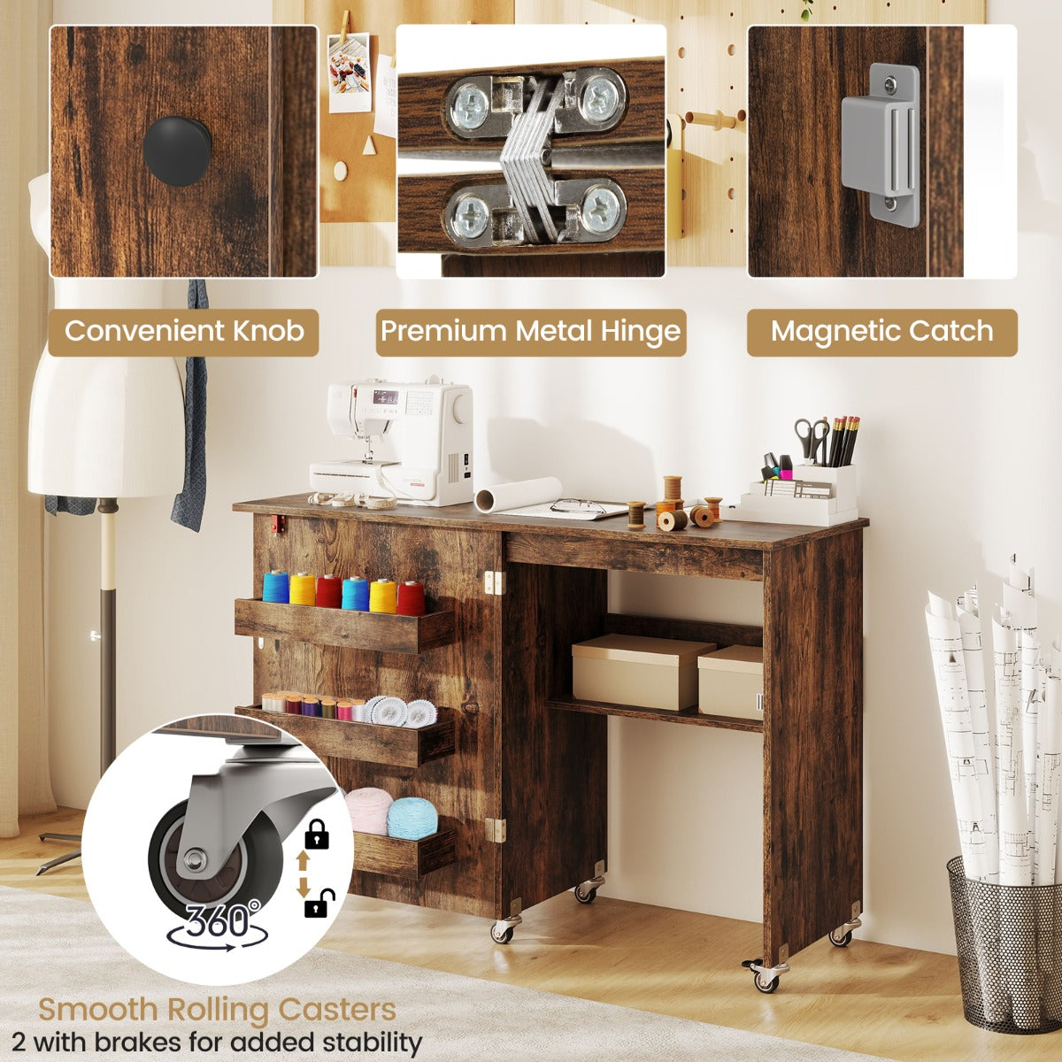 LIVSK Opvouwbare Naaitafel - Ruim Werkblad - 3 Verborgen Containers - Vergrendelbare Wielen - 118,5 x 40 x 79,5 cm - Bruin