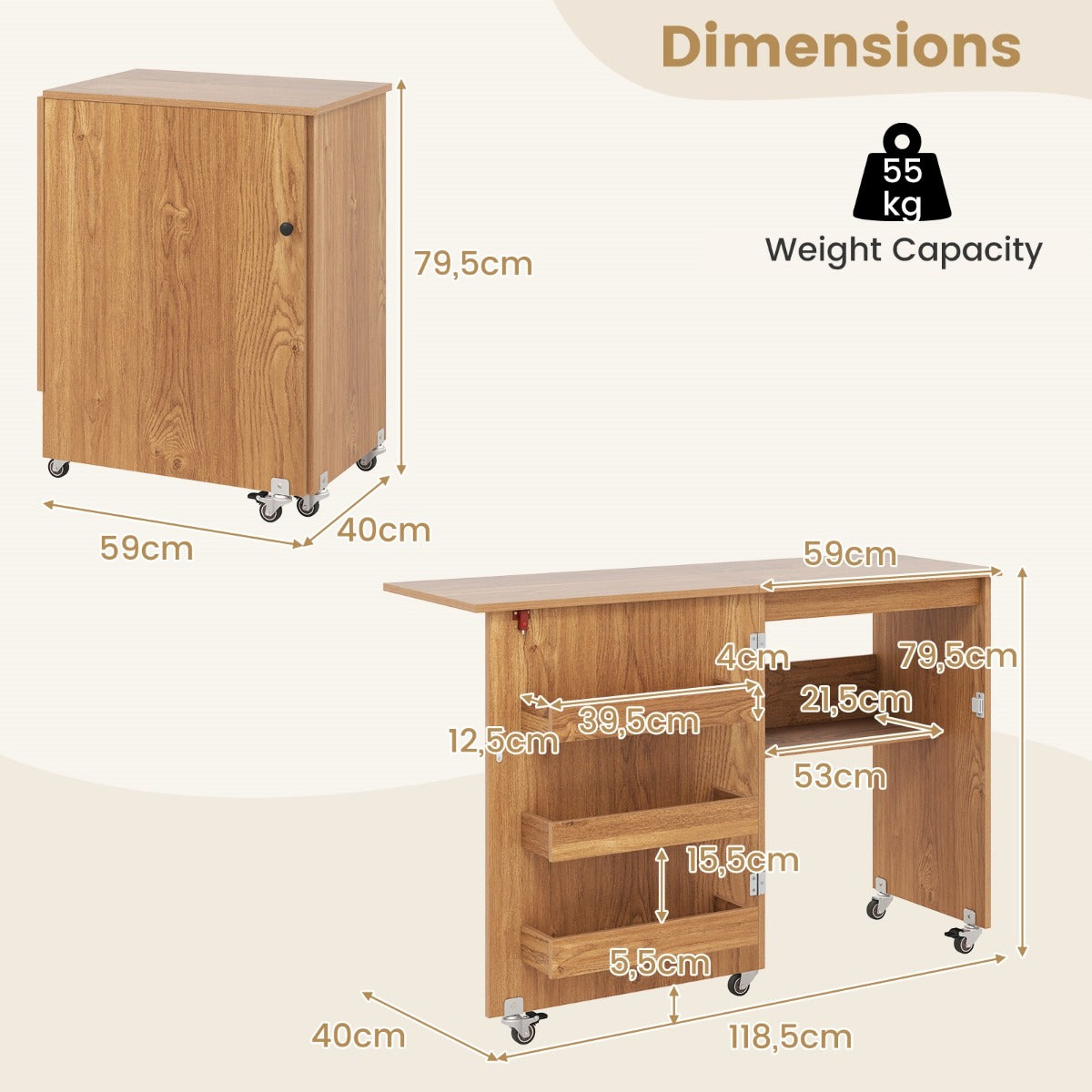 Livsk costway vouwbare naaitafel rollende knutselstation met opbergvak 3 verborgen containers mobiele naaitafel 1185 x 40 x 795 cm natuur 1 1
