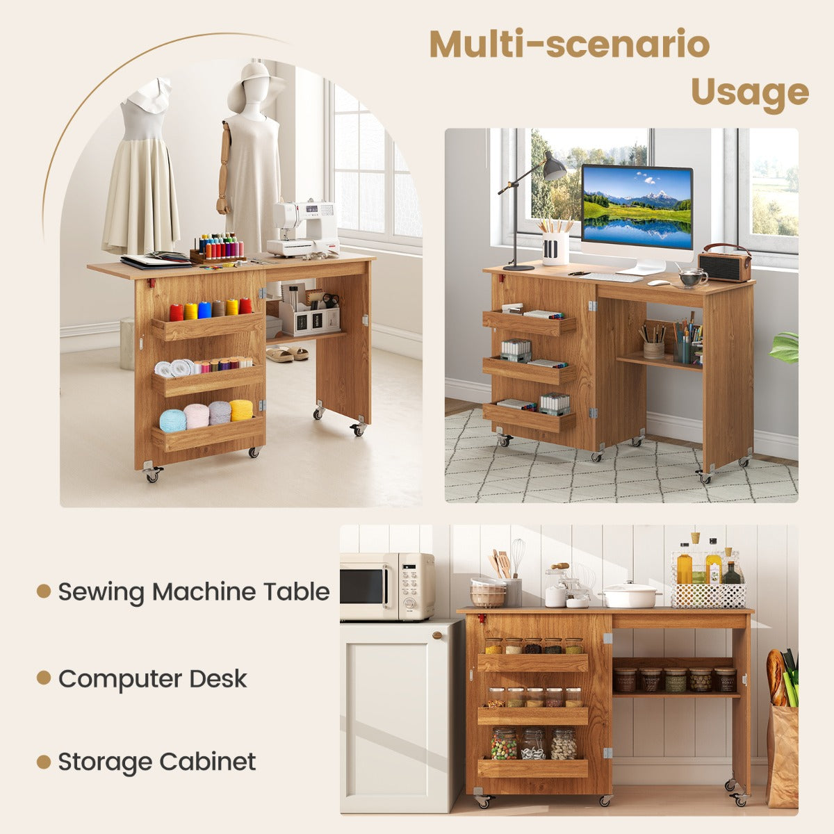 Livsk costway vouwbare naaitafel rollende knutselstation met opbergvak 3 verborgen containers mobiele naaitafel 1185 x 40 x 795 cm natuur 4