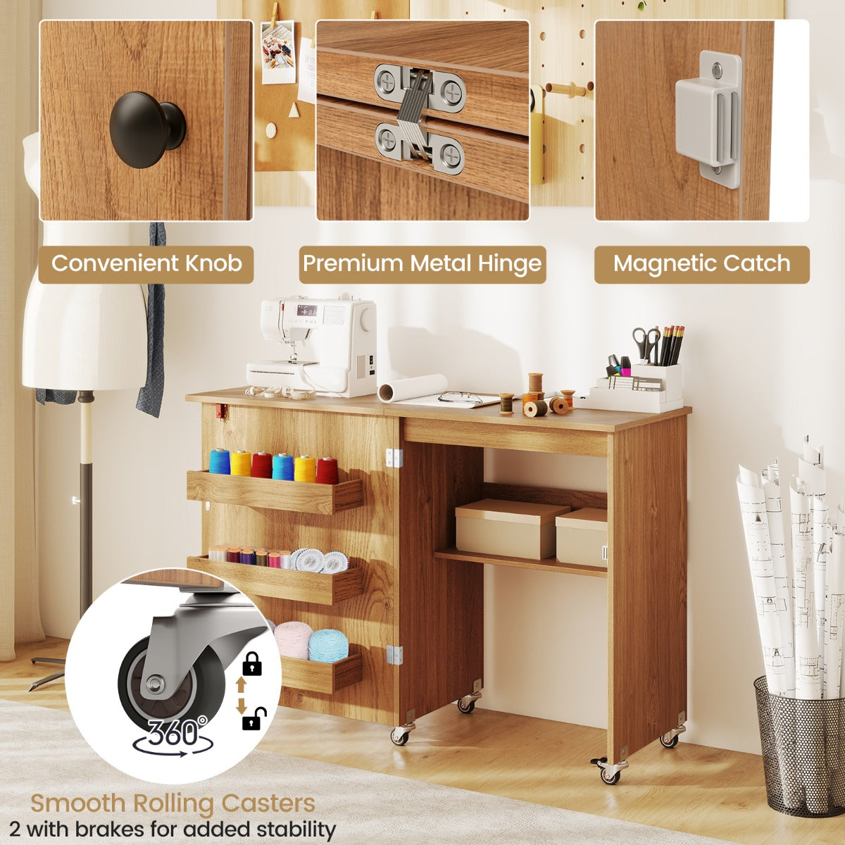 Livsk costway vouwbare naaitafel rollende knutselstation met opbergvak 3 verborgen containers mobiele naaitafel 1185 x 40 x 795 cm natuur 5