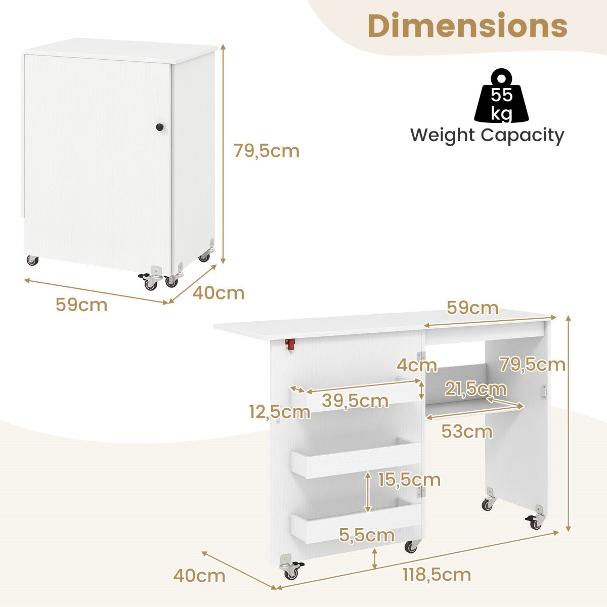 Livsk costway vouwbare naaitafel rollende knutselstation met opbergvak 3 verborgen containers mobiele naaitafel 1185 x 40 x 795 cm wit 1 1