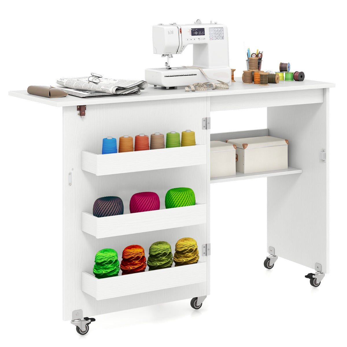 Livsk costway vouwbare naaitafel rollende knutselstation met opbergvak 3 verborgen containers mobiele naaitafel 1185 x 40 x 795 cm wit