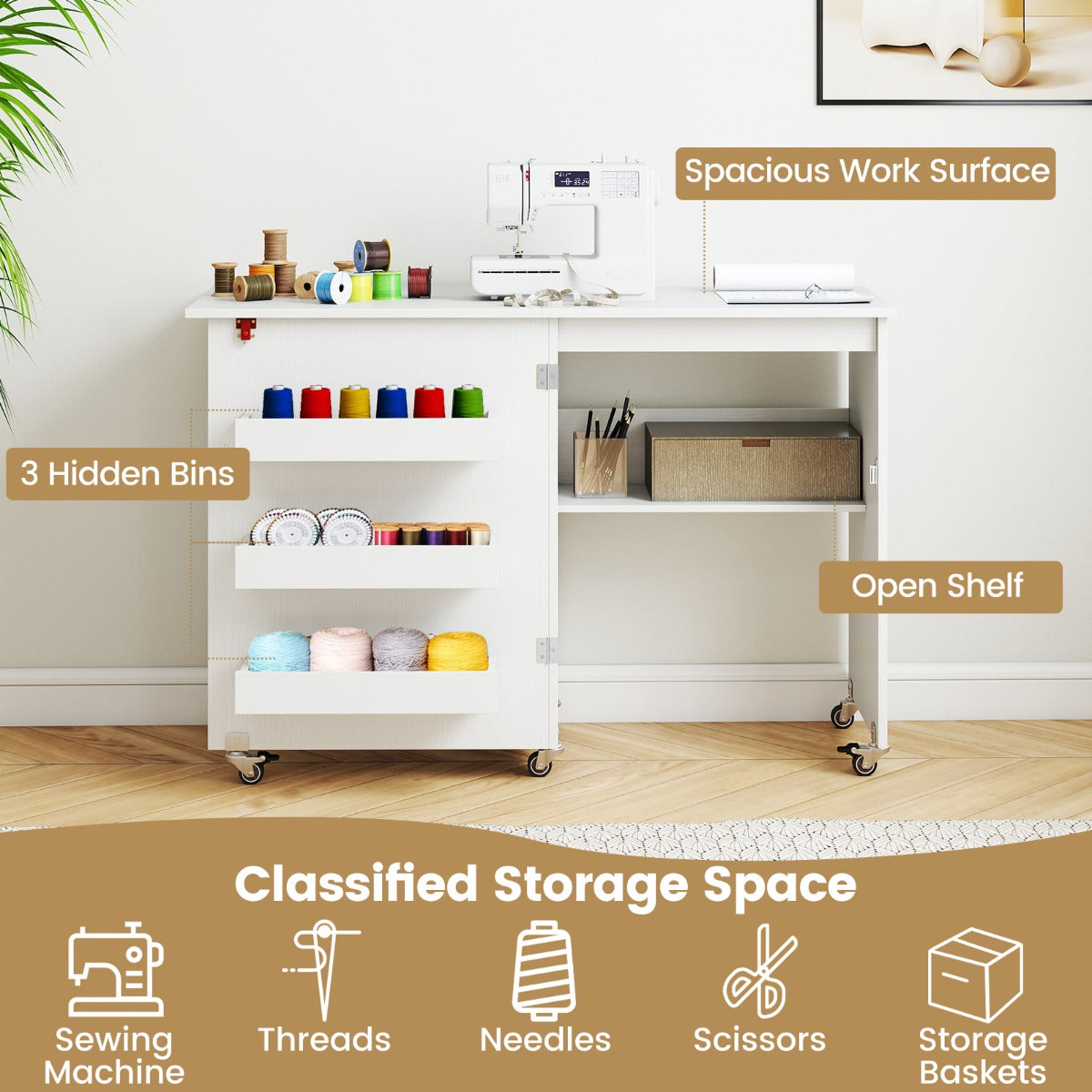 Livsk costway vouwbare naaitafel rollende knutselstation met opbergvak 3 verborgen containers mobiele naaitafel 1185 x 40 x 795 cm wit 2