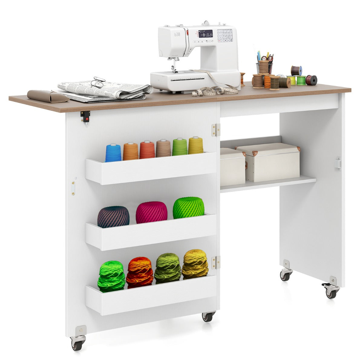 Livsk costway vouwbare naaitafel rollende knutselstation met opbergvak 3 verborgen containers mobiele naaitafel 1185 x 40 x 795 cm witnaturel