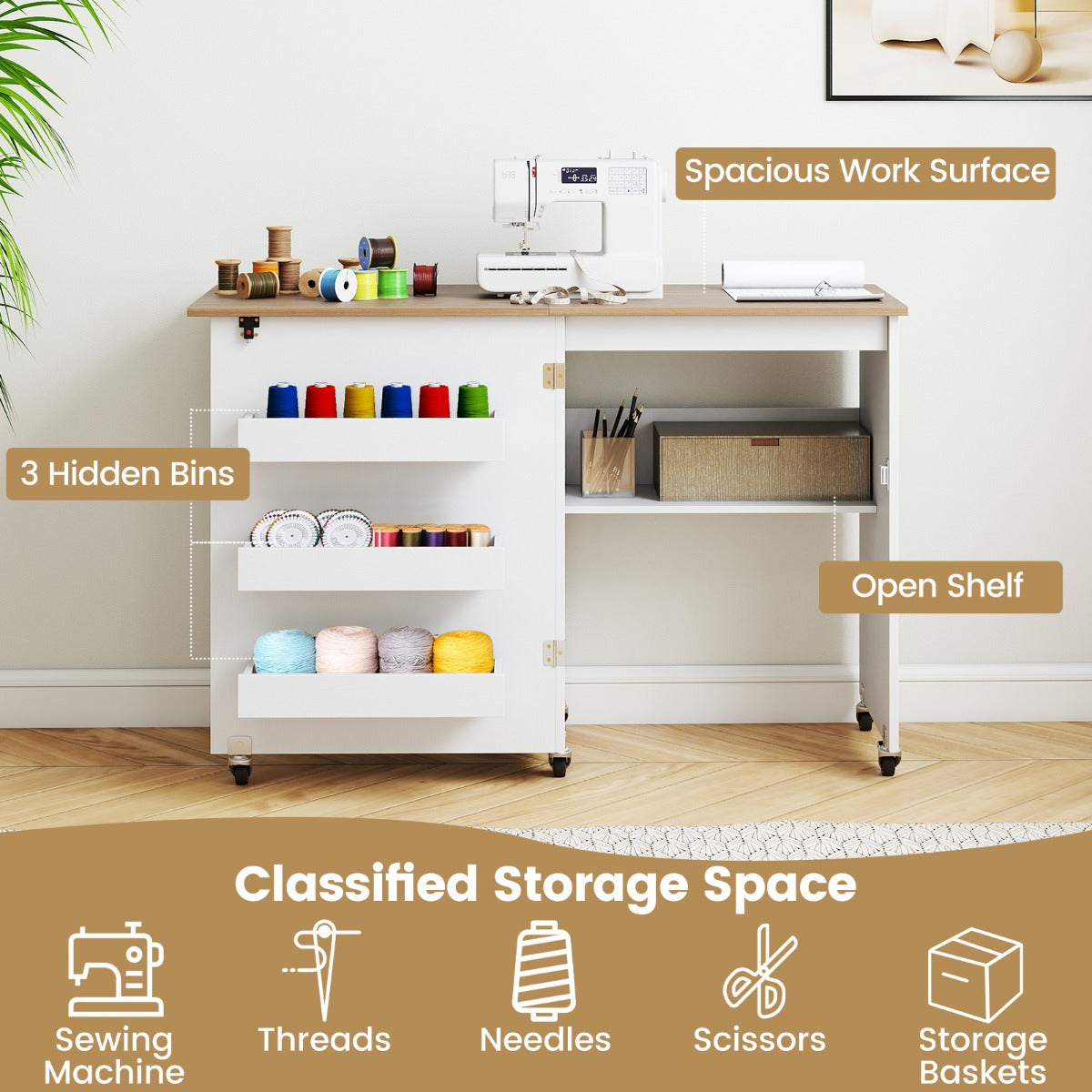Livsk costway vouwbare naaitafel rollende knutselstation met opbergvak 3 verborgen containers mobiele naaitafel 1185 x 40 x 795 cm witnaturel