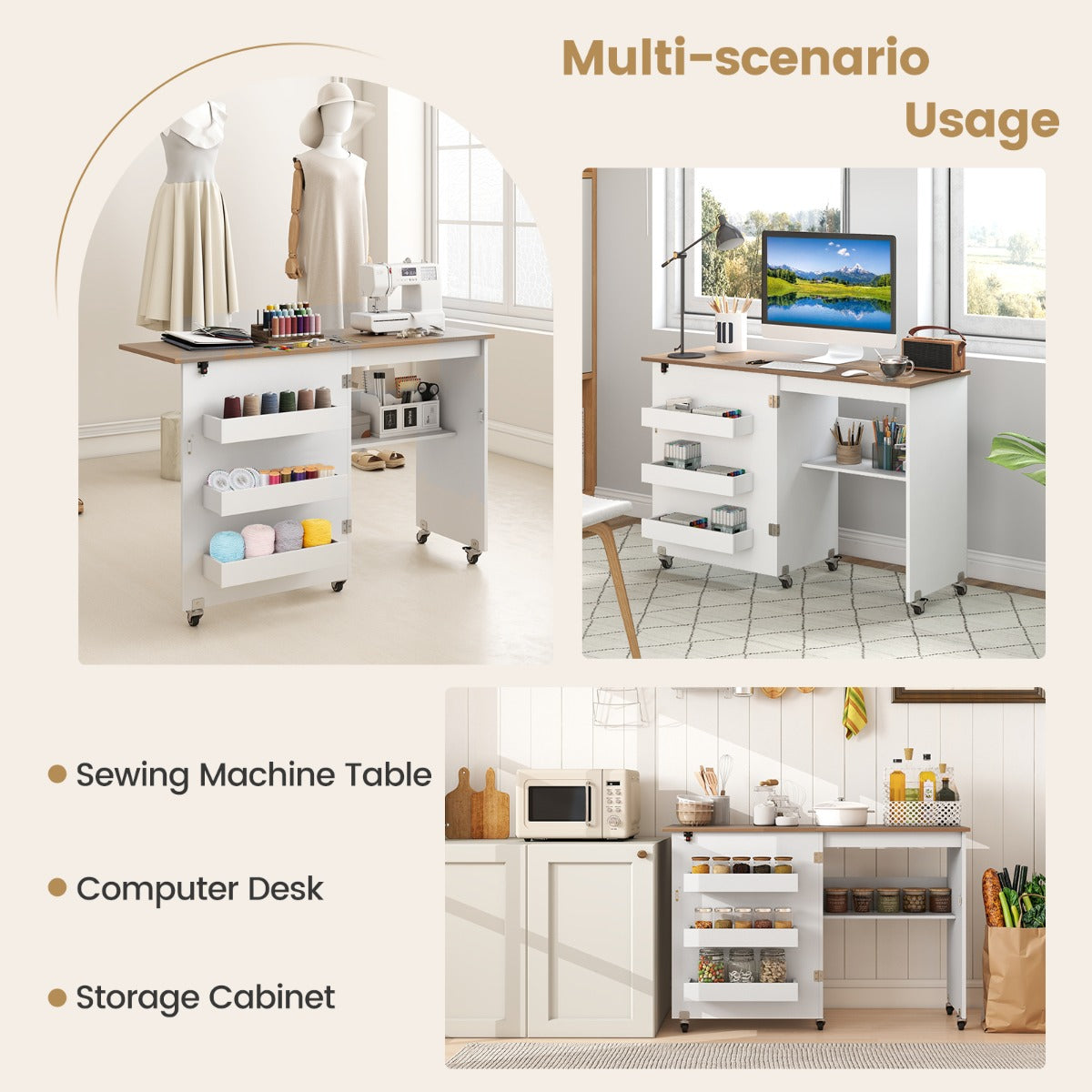 Livsk costway vouwbare naaitafel rollende knutselstation met opbergvak 3 verborgen containers mobiele naaitafel 1185 x 40 x 795 cm witnaturel