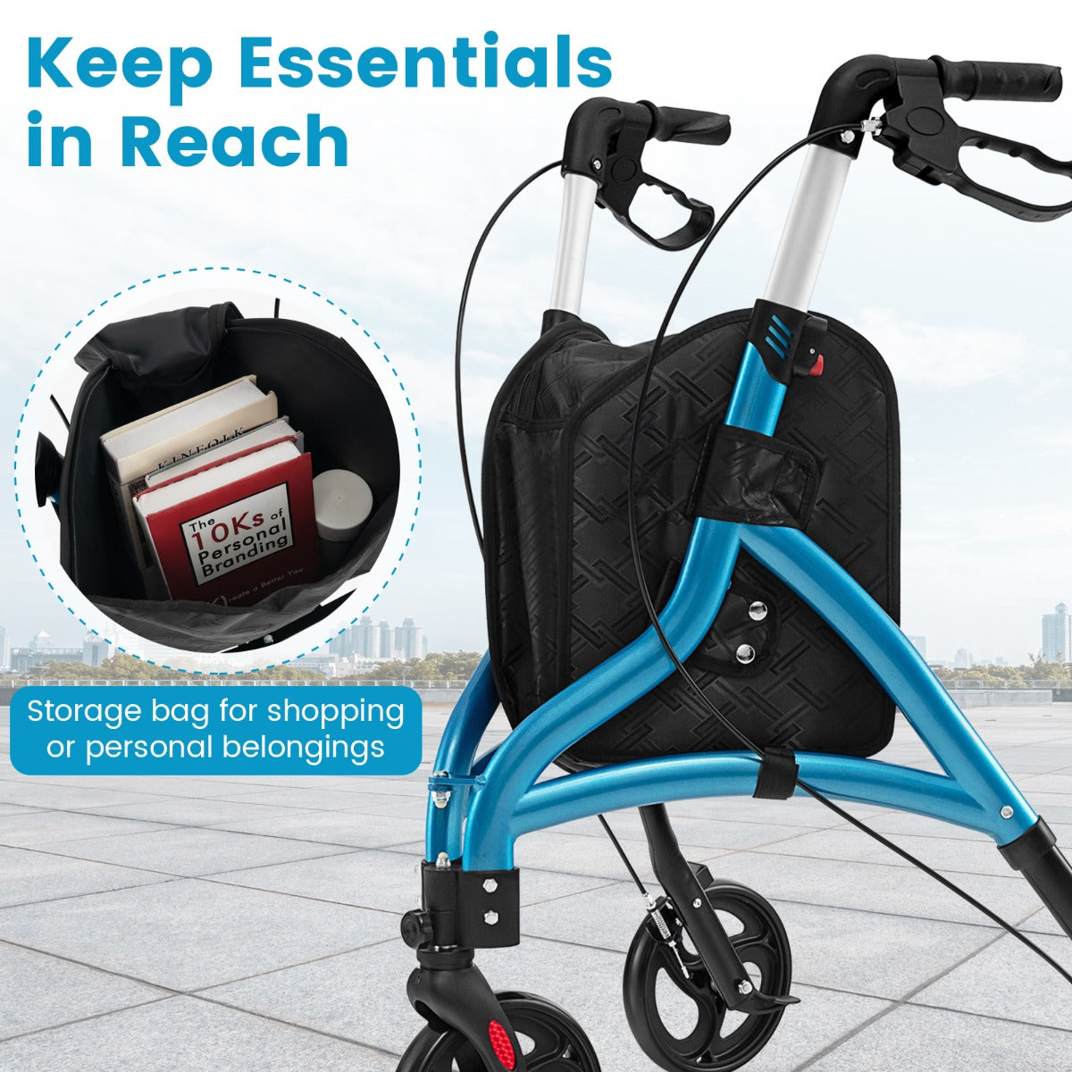 LIVSK Vouwbare Rollator voor Senioren - Lichtgewicht Aluminium - 20 cm Grote Wielen - 6 Verstelbare Hoogtes - Tot 136 kg - Blauw