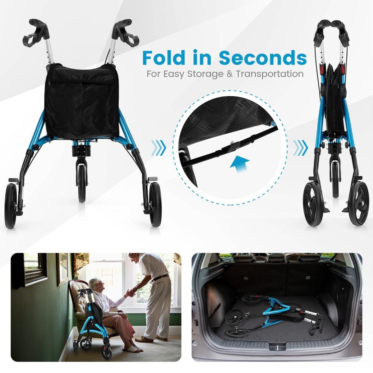 LIVSK Vouwbare Rollator voor Senioren - Lichtgewicht Aluminium - 20 cm Grote Wielen - 6 Verstelbare Hoogtes - Tot 136 kg - Blauw