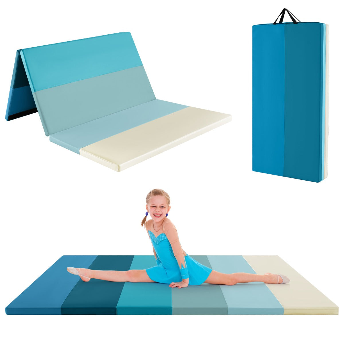 LIVSK Fitnessmat - Opvouwbaar en Lichtgewicht - Hoogwaardig PU en EPE-schuim - Draaghandvatten - 180 x 120 x 4 cm - Blauw
