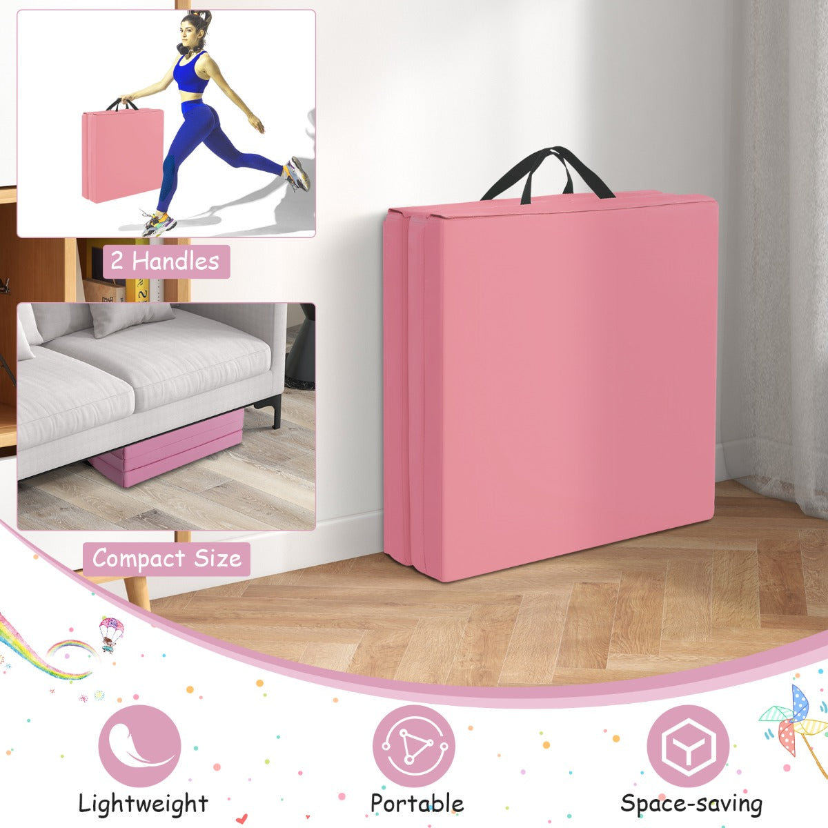 LIVSK opvouwbare yogamat - Ergonomisch en antislip - Handgrepen voor eenvoudig transport - 180 x 60 x 5 cm - Roze