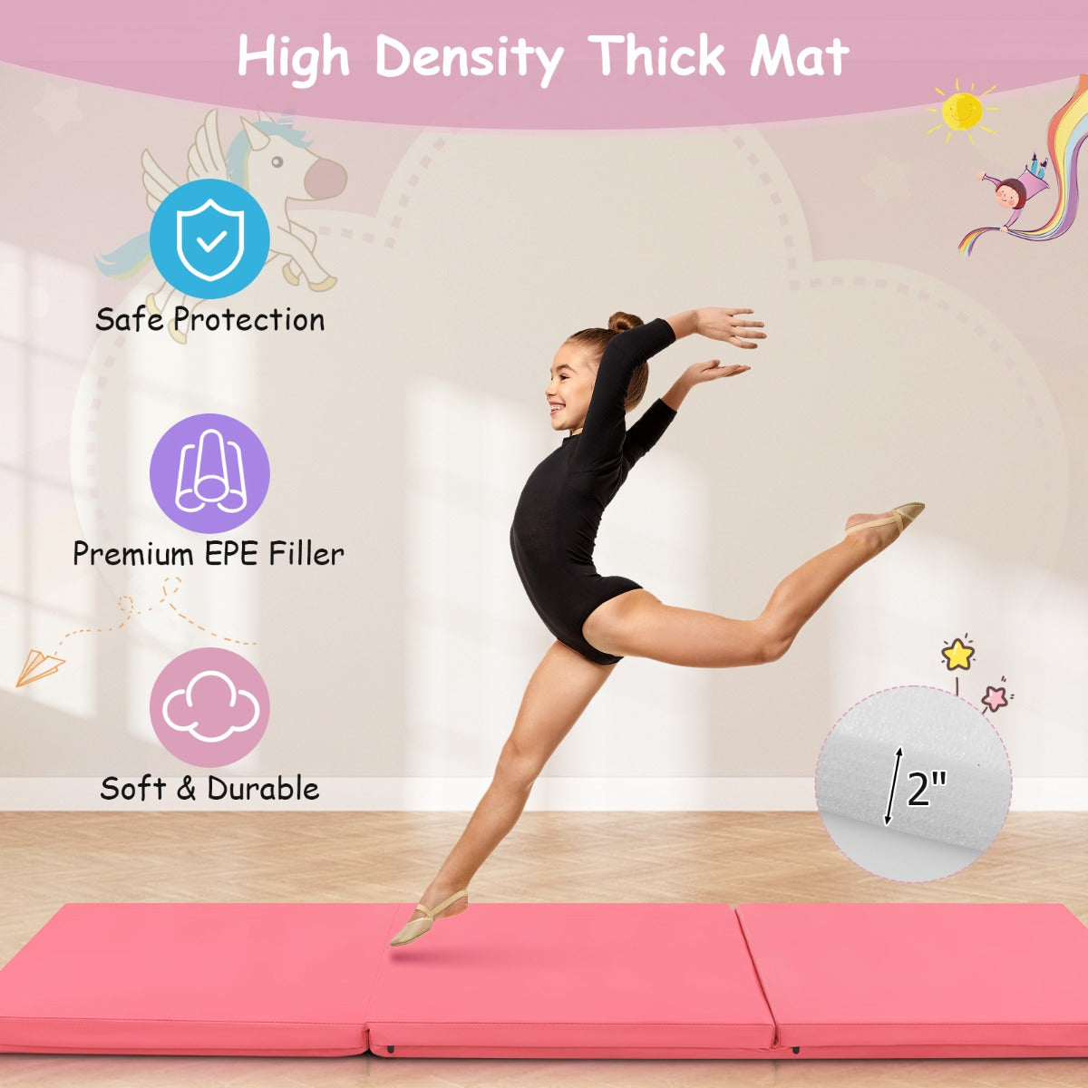LIVSK opvouwbare yogamat - Ergonomisch en antislip - Handgrepen voor eenvoudig transport - 180 x 60 x 5 cm - Roze