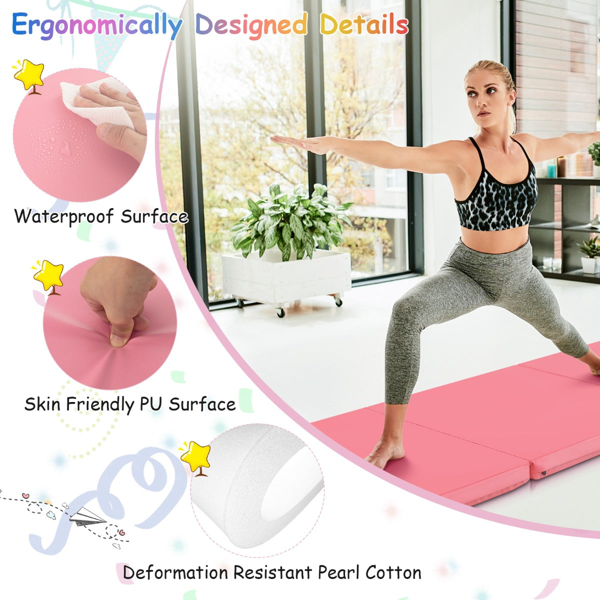 LIVSK opvouwbare yogamat - Ergonomisch en antislip - Handgrepen voor eenvoudig transport - 180 x 60 x 5 cm - Roze