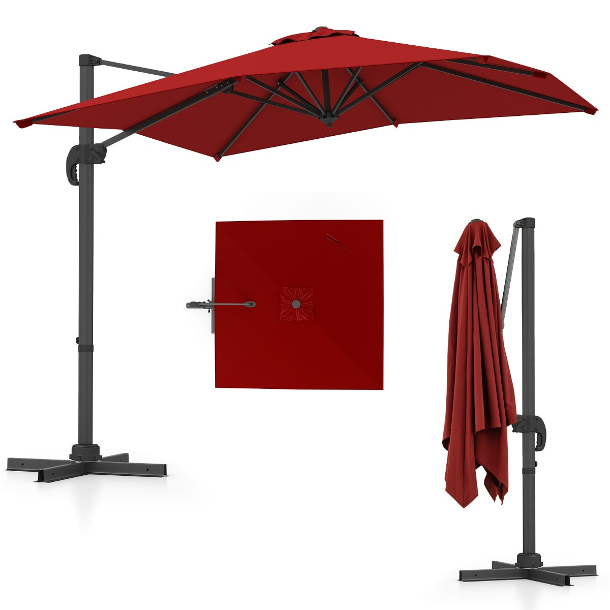 LIVSK Zweefparasol - Verstelbare 5 Hoeken - 360° Draaibaar - Hoogwaardig Polyester - Stabiele Basis - Rood