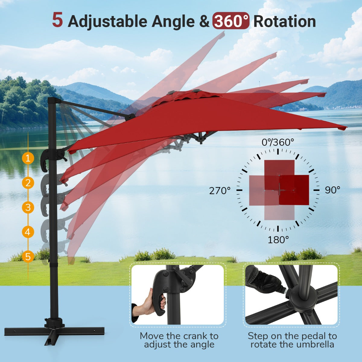 LIVSK Zweefparasol - Verstelbare 5 Hoeken - 360° Draaibaar - Hoogwaardig Polyester - Stabiele Basis - Rood