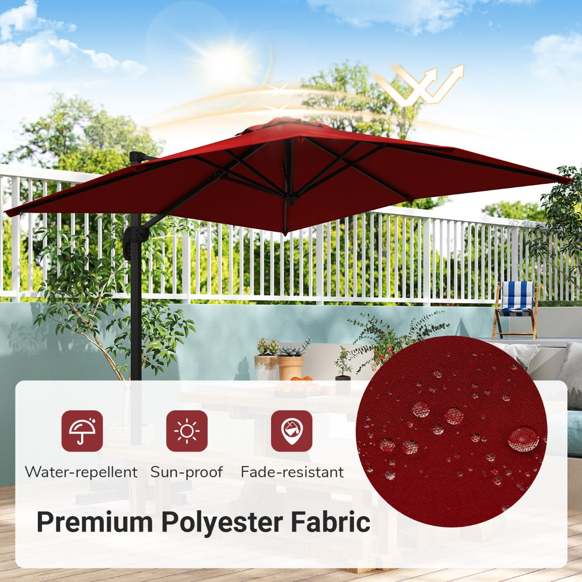 LIVSK Zweefparasol - Verstelbare 5 Hoeken - 360° Draaibaar - Hoogwaardig Polyester - Stabiele Basis - Rood