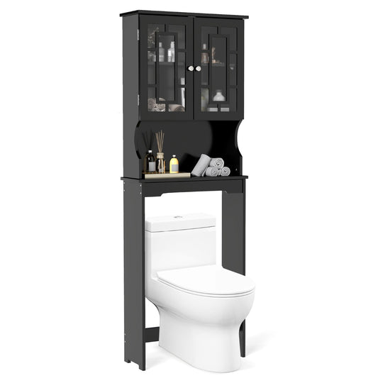 LIVSK Badkamerkast voor boven het toilet - 3 Verstelbare Planken - Glazen Deuren - Duurzaam MDF - Tot 25 kg - Zwart
