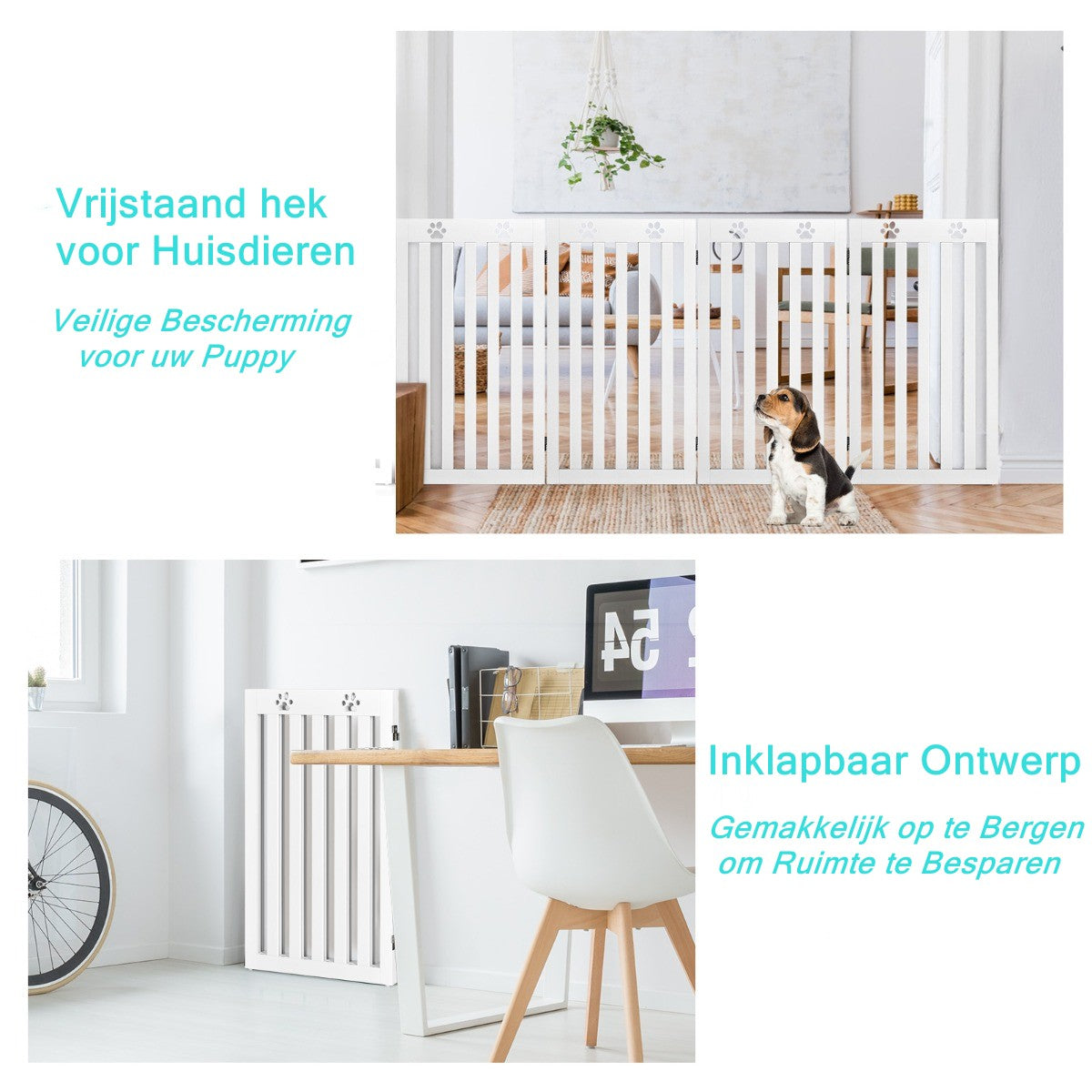 LIVSK Vrijstaand Opvouwbaar Hondenhek - Flexibele Scharnieren - Duurzaam MDF - 203 x 89,5 x 1,5 cm - Wit