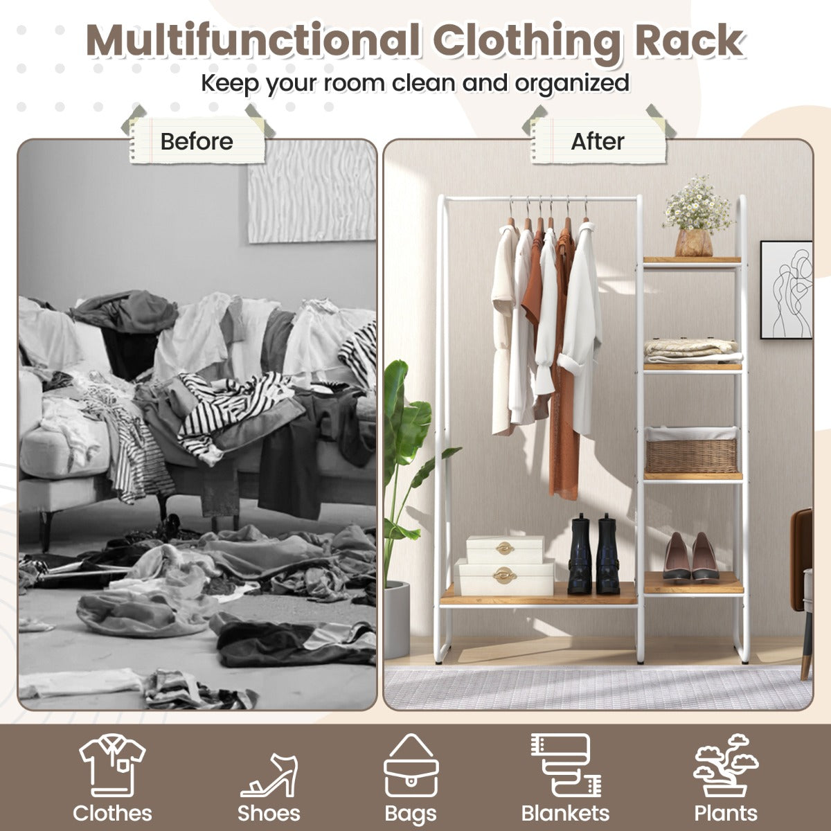 LIVSK Garderobe Organizer - Multifunctioneel Kledingrek met Schoenenrek - Modern Design - Eenvoudige Montage - Natuurlijk + Wit