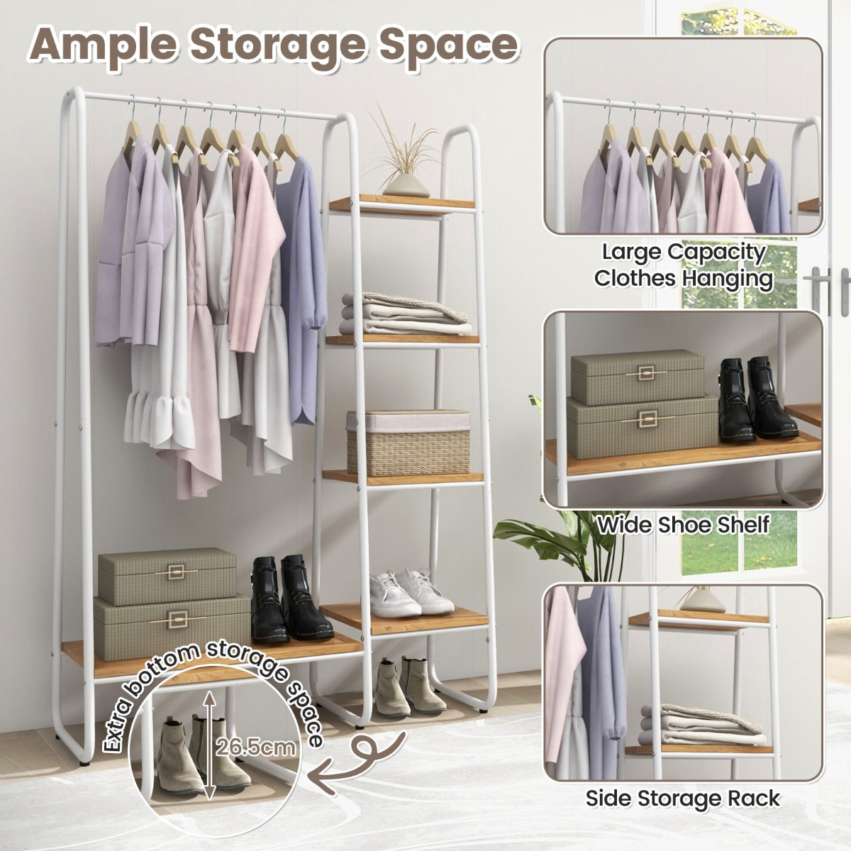 LIVSK Garderobe Organizer - Multifunctioneel Kledingrek met Schoenenrek - Modern Design - Eenvoudige Montage - Natuurlijk + Wit