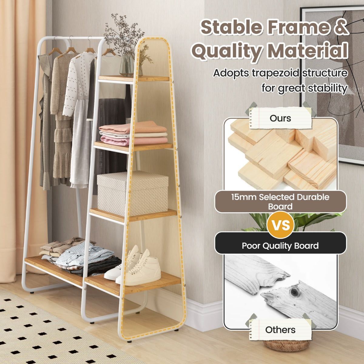 LIVSK Garderobe Organizer - Multifunctioneel Kledingrek met Schoenenrek - Modern Design - Eenvoudige Montage - Natuurlijk + Wit