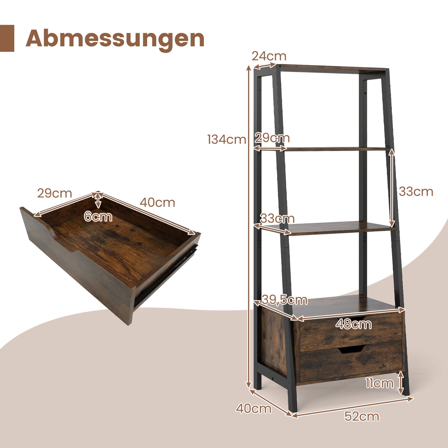 LIVSK Ladderboekenplank met 4 Open Planken en 2 Lades - Stevig Metalen Frame - Kantelbeveiliging - 52 x 39,5 x 134 cm - Rustiek