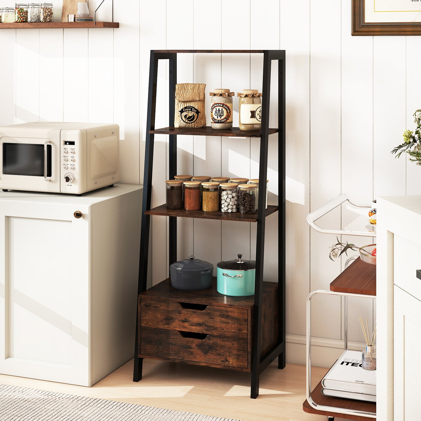 LIVSK Ladderboekenplank met 4 Open Planken en 2 Lades - Stevig Metalen Frame - Kantelbeveiliging - 52 x 39,5 x 134 cm - Rustiek