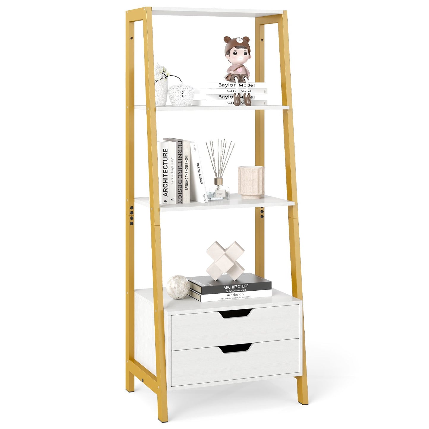 LIVSK Ladderboekenplank met 4 Open Planken en 2 Lades - Stevig Metalen Frame - Inclusief Kantelbeveiliging - 52 x 39,5 x 134 cm -