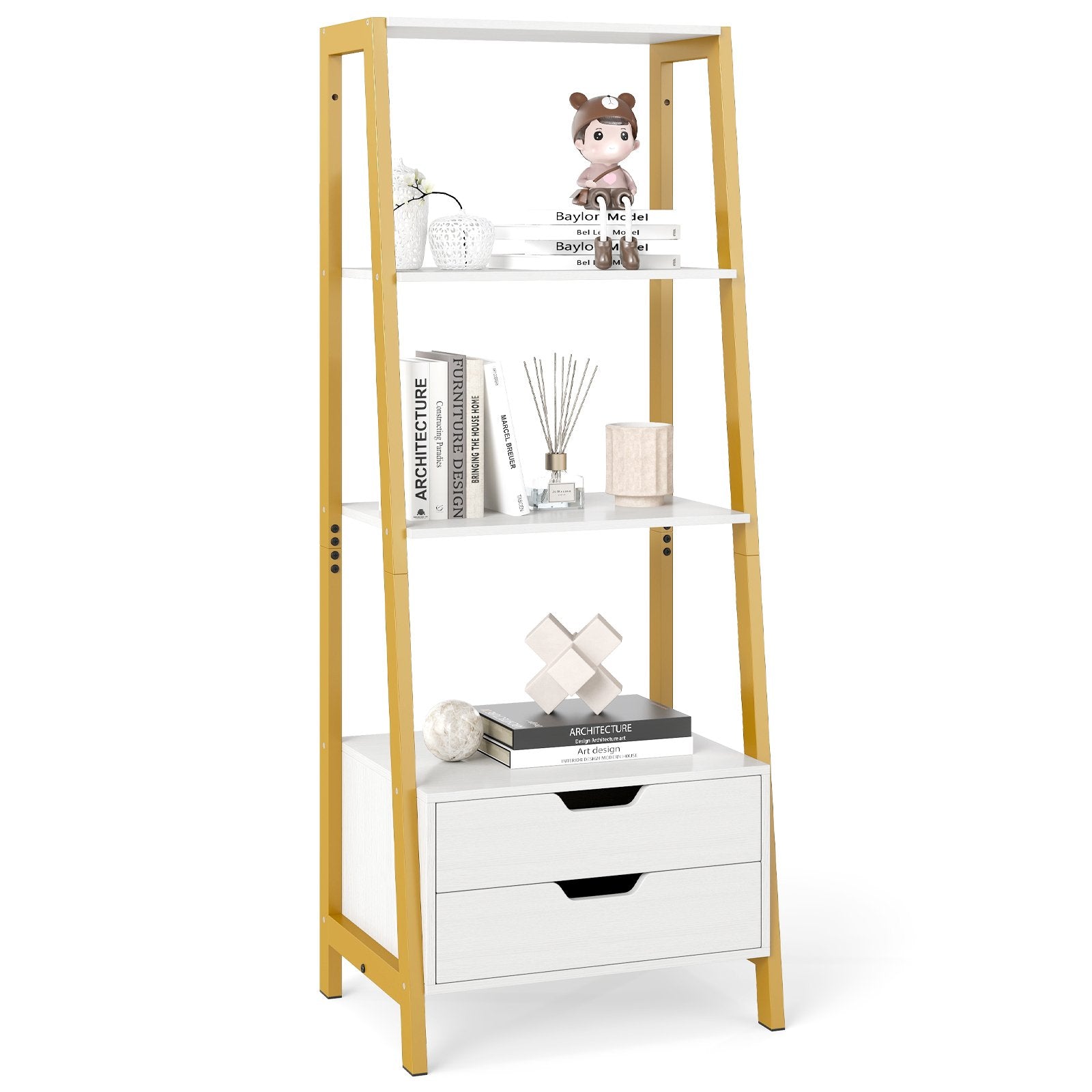 LIVSK Ladderboekenplank met 4 Open Planken en 2 Lades - Stevig Metalen Frame - Inclusief Kantelbeveiliging - 52 x 39,5 x 134 cm -