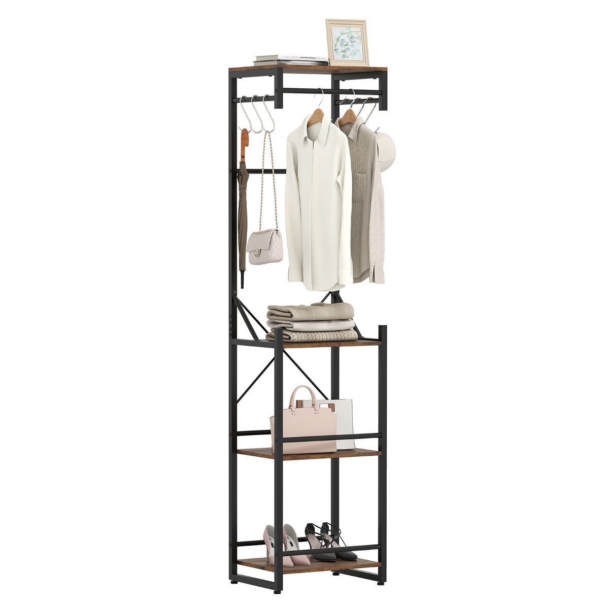 Livsk costway vrijstaande garderobe slanke halboom met 4 legplanken 6 haken en 3 kledingstangen 1 1