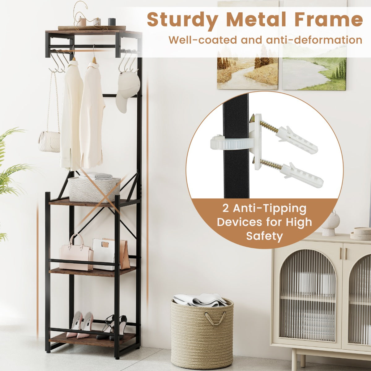 Livsk costway vrijstaande garderobe slanke halboom met 4 legplanken 6 haken en 3 kledingstangen 4