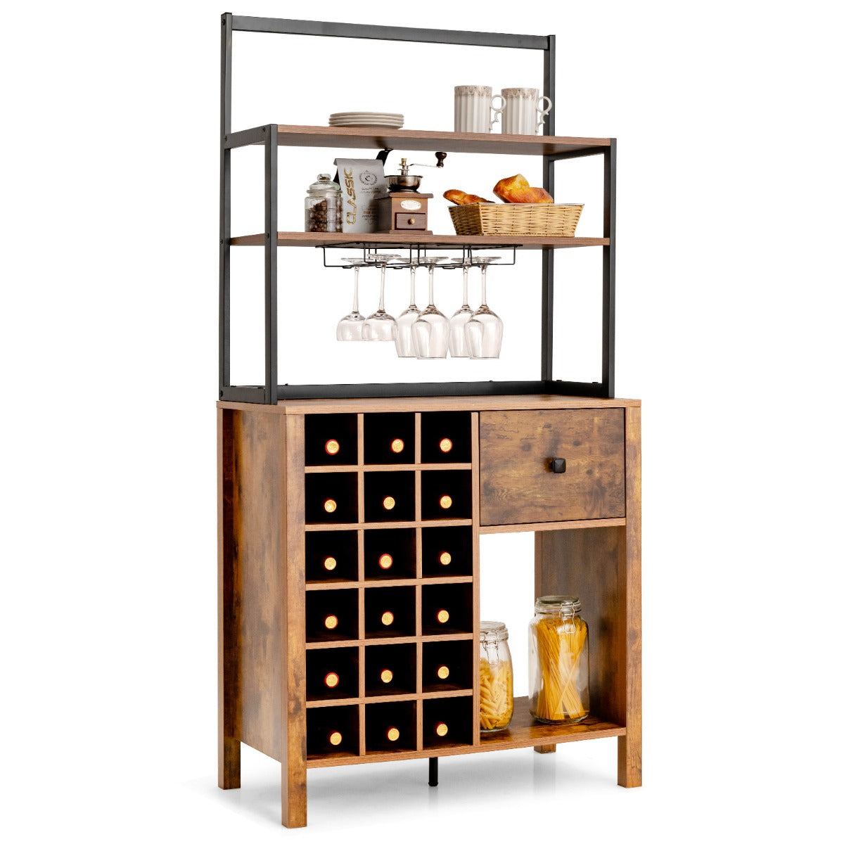 LIVSK Keukenopbergkast - Multifunctioneel met Wijnrek voor 18 Flessen - Planken en Lade - Stevige Constructie - 74 x 40 x 160 cm