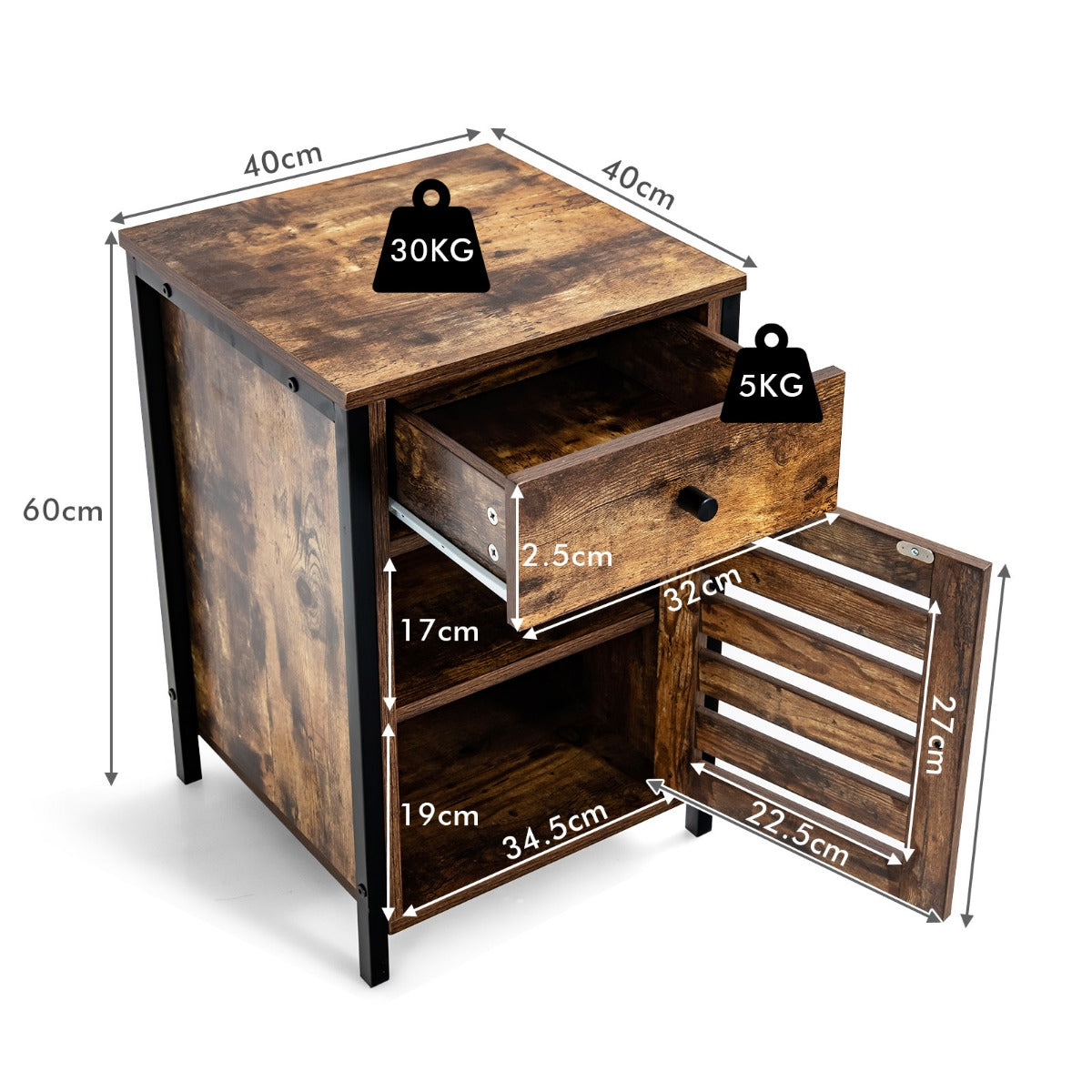 LIVSK Nachtkastje met Verstelbare Opbergplank - Rolluikdeur en Lade - Stalen Buizen en Hout - Compact 40 x 40 x 60 cm - Rustiek