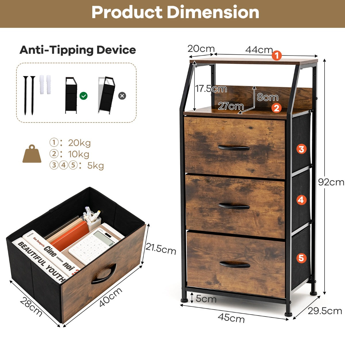 LIVSK Dressoir Organizer met 3 Laden - Stevig Stalen Frame - Beukenhouten Handvat - Verstelbare Voetkussens - 45 x 30 x 92 cm -