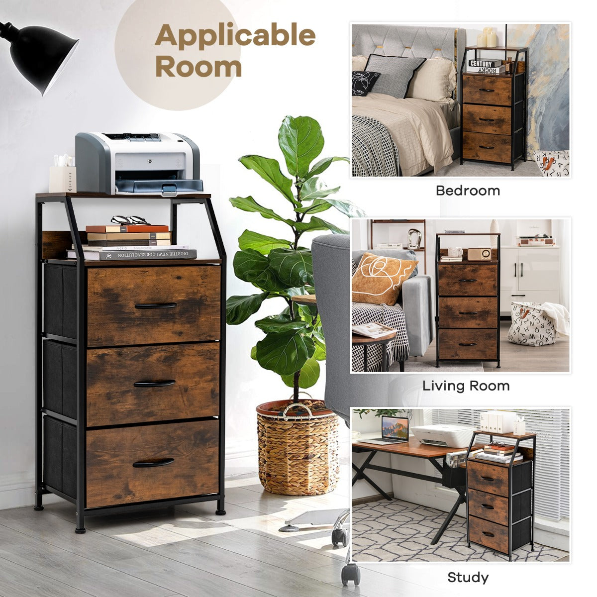 LIVSK Dressoir Organizer met 3 Laden - Stevig Stalen Frame - Beukenhouten Handvat - Verstelbare Voetkussens - 45 x 30 x 92 cm -