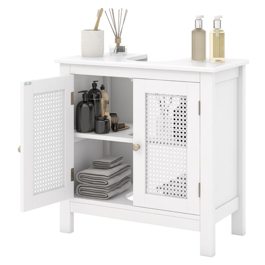 LIVSK Vrijstaande Wastafelkast met U-Vormige Uitsparing - Ruimtebesparend met Rotandeuren - 60 x 30 x 60 cm - Wit