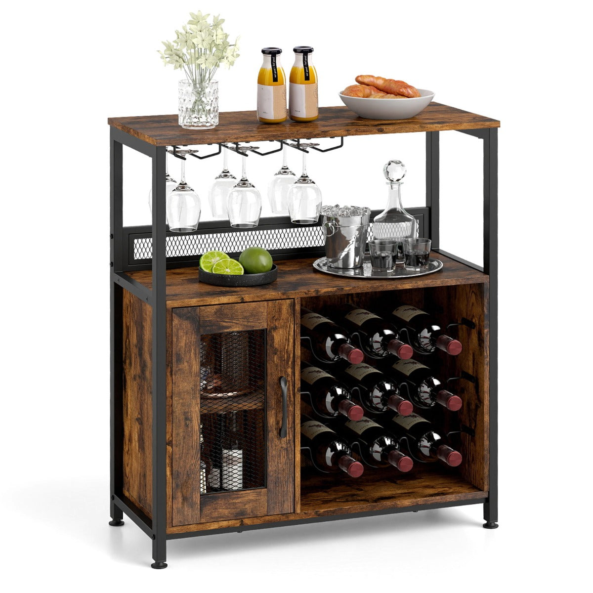LIVSK Wijnbarschrank - Ruimte voor 9 flessen en 6 glazen - Verstelbare voeten - Robuust en stijlvol - 75 x 34 x 90,5 cm - Rustiek
