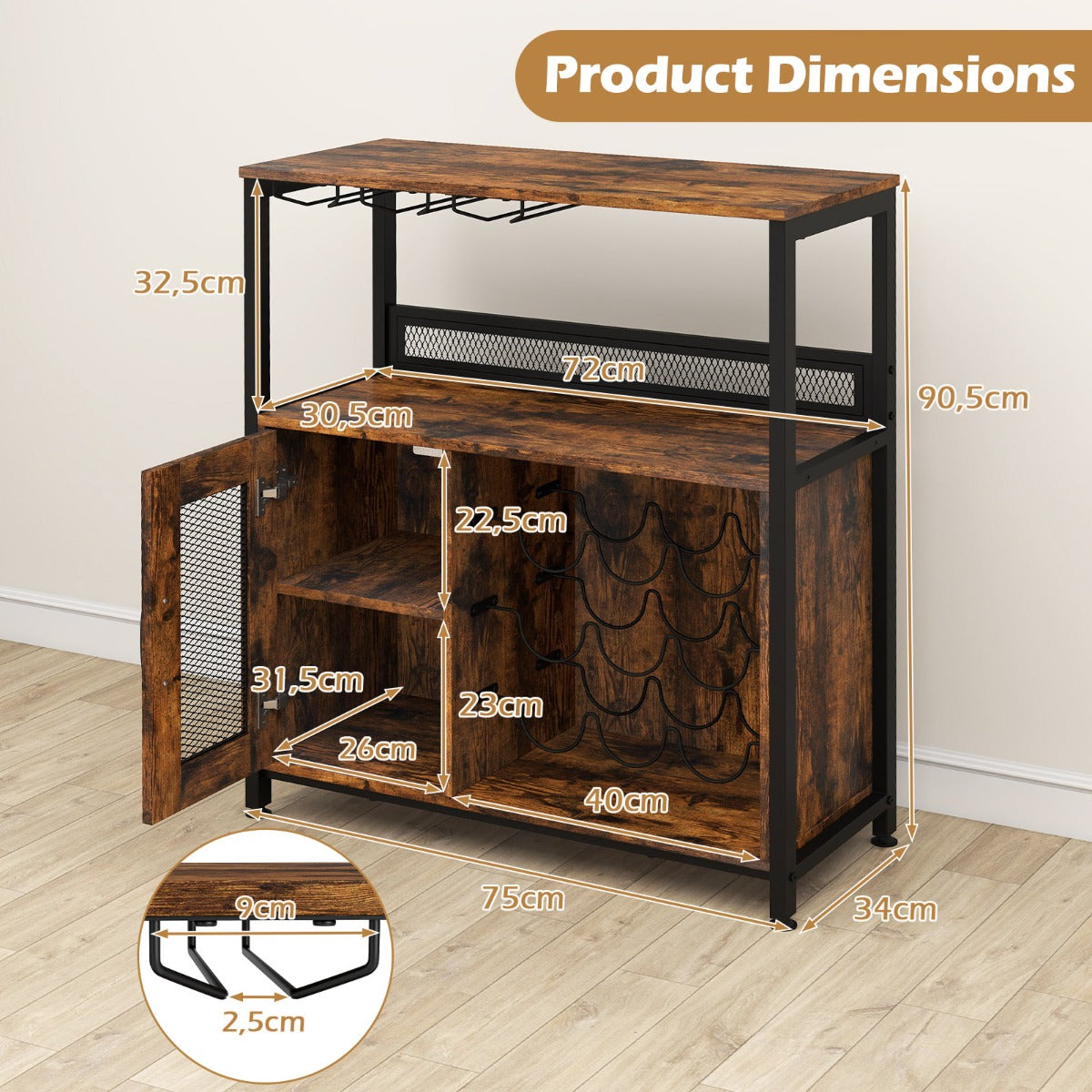 LIVSK Wijnbarschrank - Ruimte voor 9 flessen en 6 glazen - Verstelbare voeten - Robuust en stijlvol - 75 x 34 x 90,5 cm - Rustiek