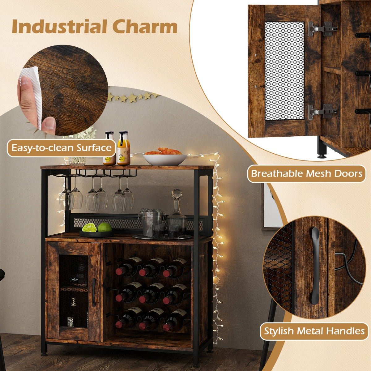 LIVSK Wijnbarschrank - Ruimte voor 9 flessen en 6 glazen - Verstelbare voeten - Robuust en stijlvol - 75 x 34 x 90,5 cm - Rustiek