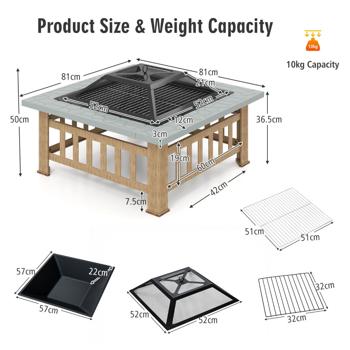 LIVSK Multifunctionele Vuurplaats - 3-in-1 Grill, Vuurplaats en IJscontainer - Veilig en Duurzaam - 81 x 81 x 50 cm - Grijs