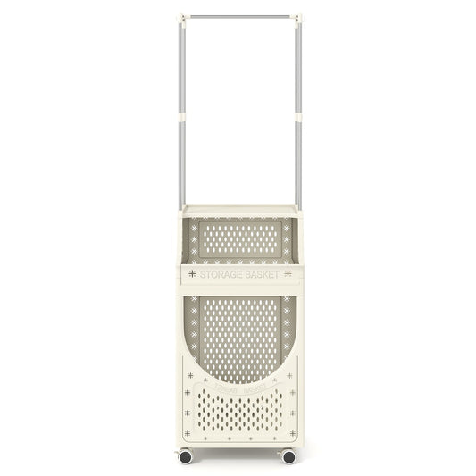 Livsk costway wagen met 3 niveaus en ophangstang opvouwbare wasmand met vergrendelbare wielen