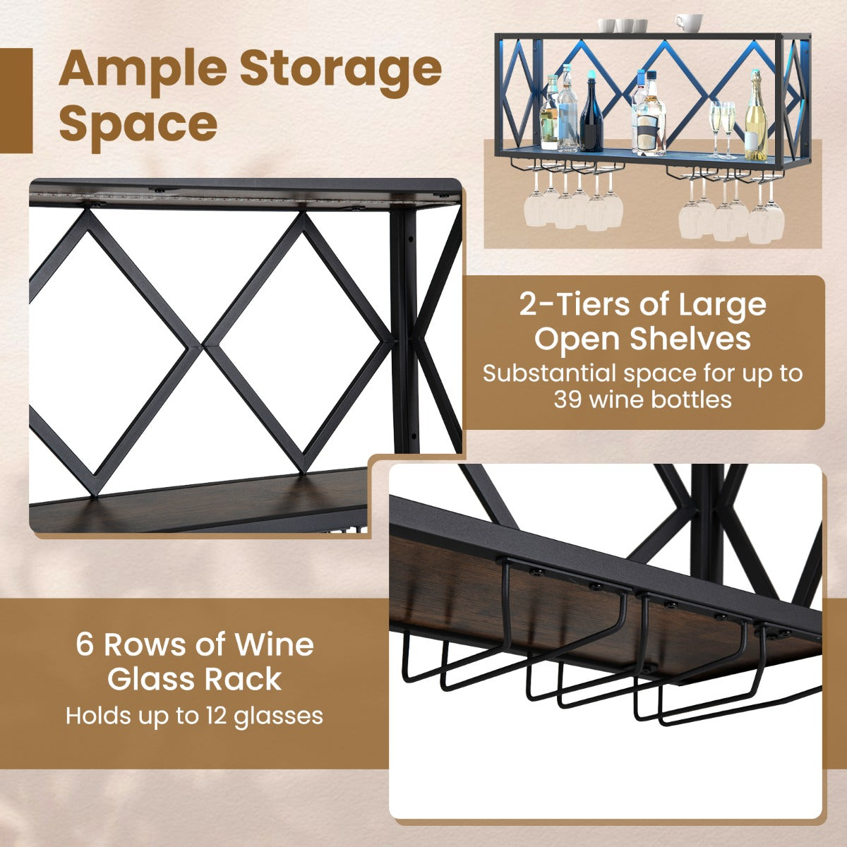 LIVSK Wand Wijnrek met LED Verlichting - Ruimte voor 39 Flessen en 12 Glazen - Stabiel en Duurzaam - Eenvoudige Installatie