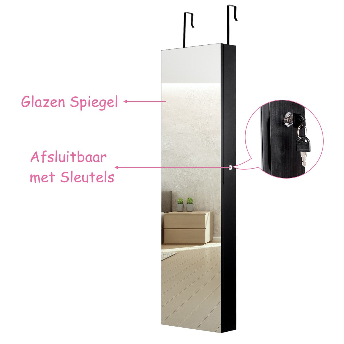 LIVSK Sieradenkast met Spiegel - 6 Gevoerde Planken - 36 Haken - 60 Ringsleuven - Wand- of Deurmontage - Zwart