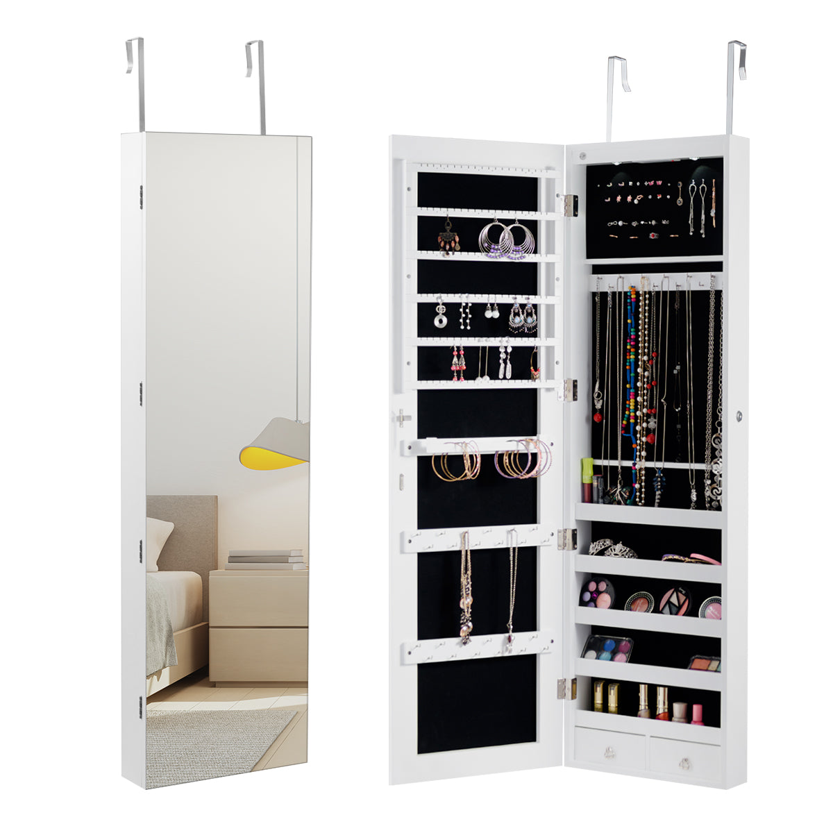 LIVSK Sieradenkast - Afsluitbaar met LED-verlichting - Zacht zwart fluweel - Grote spiegel - 35,5 x 10 x 138 cm - Wit